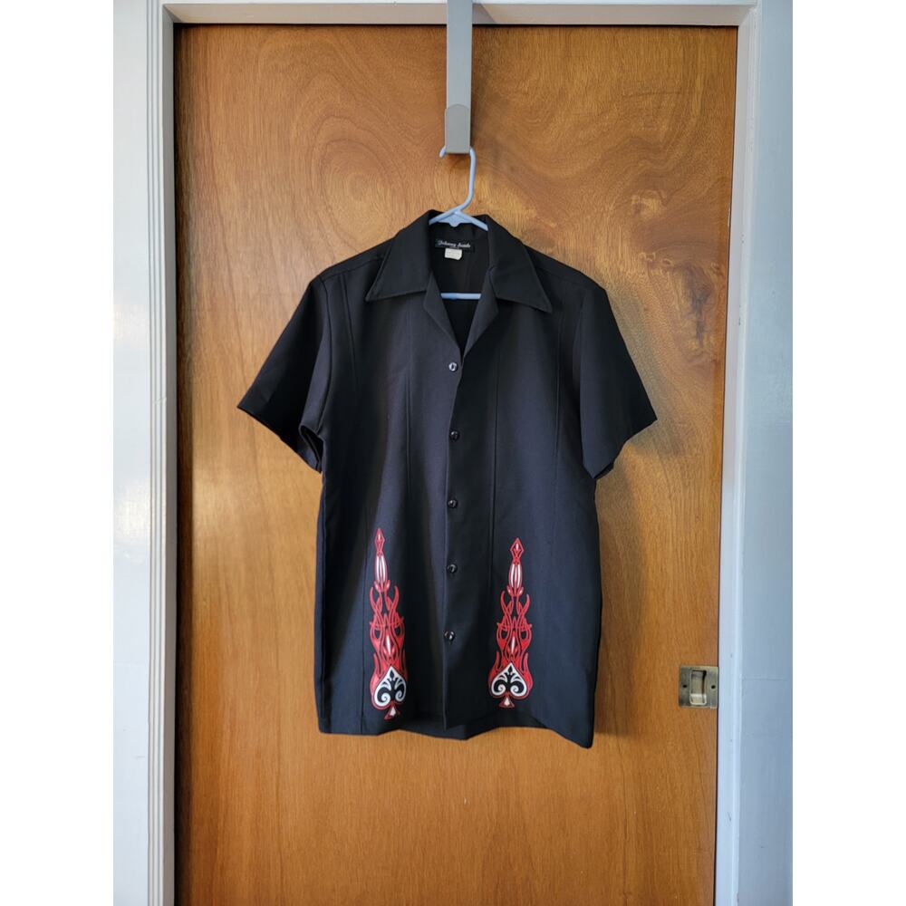 Vintage Men's Johnny Suede Black Rockabilly Button Up Shirt - Sz: L